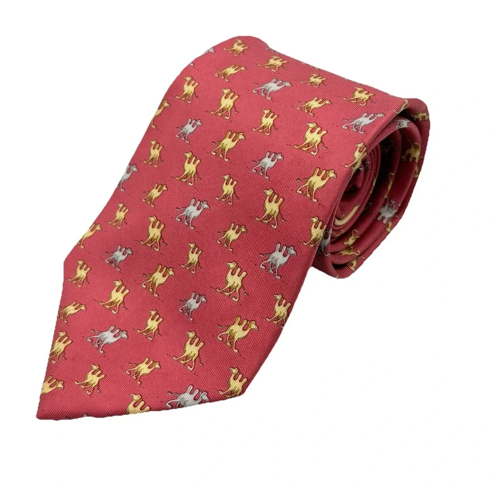 Salvatore Ferragamo Silk Tie Camels‎ Necktie Red Bronze Silver 3.75
